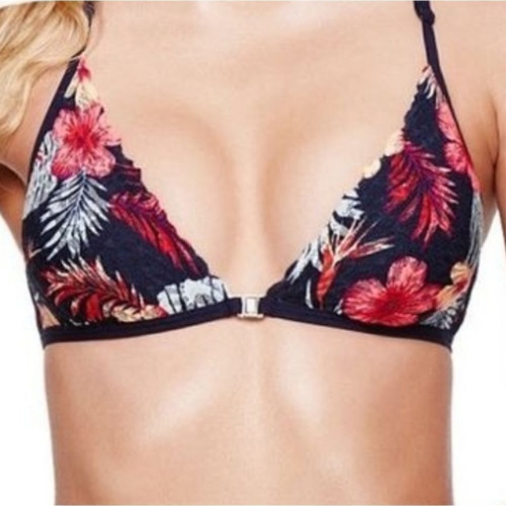 PINK VS Tropical Hibiscus Floral Wireless Front Closure Lined Lace Bralette